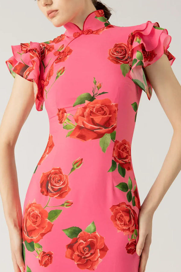 🎉Hot Sale 50% OFF🥳Cheongsam Style Rose Floral Print Tiered Flare Sleeve Stretch Maxi Dress