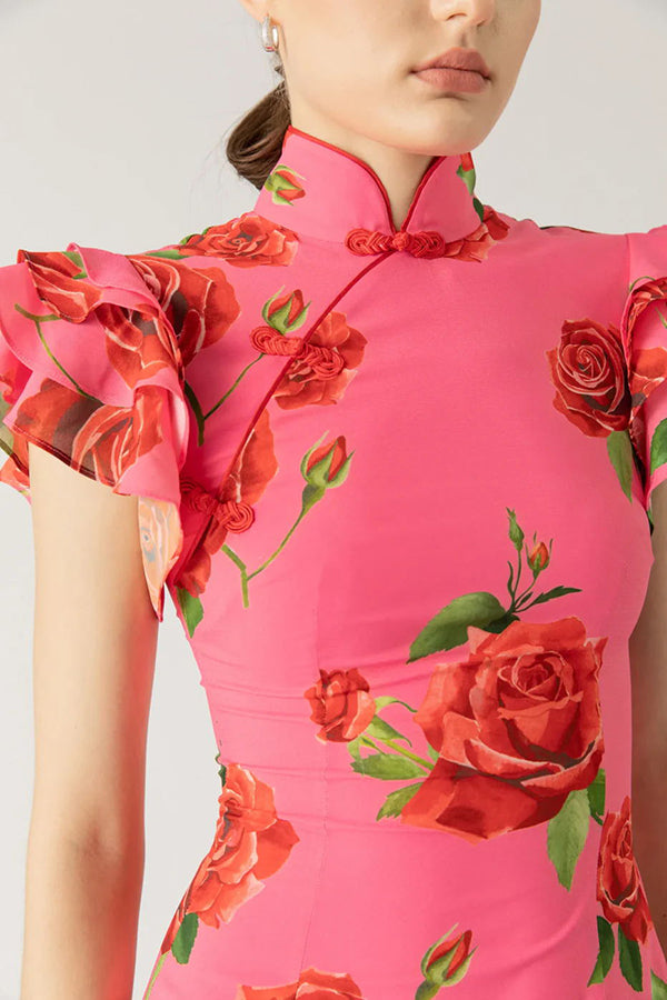 🎉Hot Sale 50% OFF🥳Cheongsam Style Rose Floral Print Tiered Flare Sleeve Stretch Maxi Dress