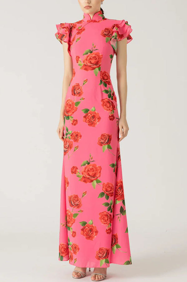 🎉Hot Sale 50% OFF🥳Cheongsam Style Rose Floral Print Tiered Flare Sleeve Stretch Maxi Dress