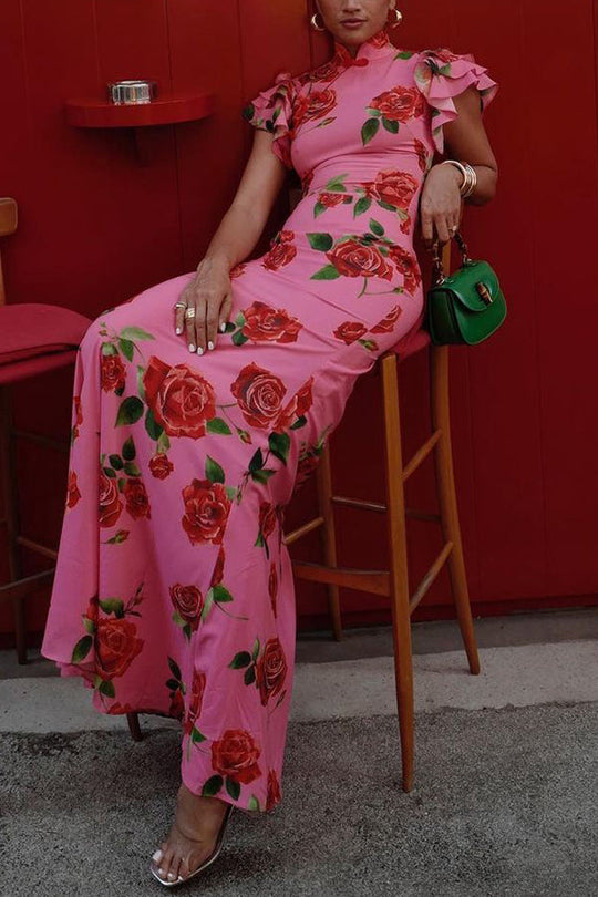 🎉Hot Sale 50% OFF🥳Cheongsam Style Rose Floral Print Tiered Flare Sleeve Stretch Maxi Dress