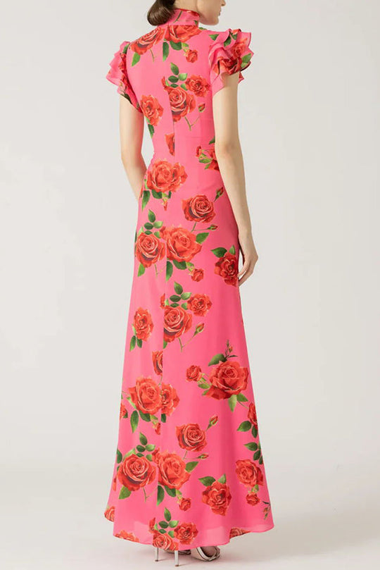 🎉Hot Sale 50% OFF🥳Cheongsam Style Rose Floral Print Tiered Flare Sleeve Stretch Maxi Dress