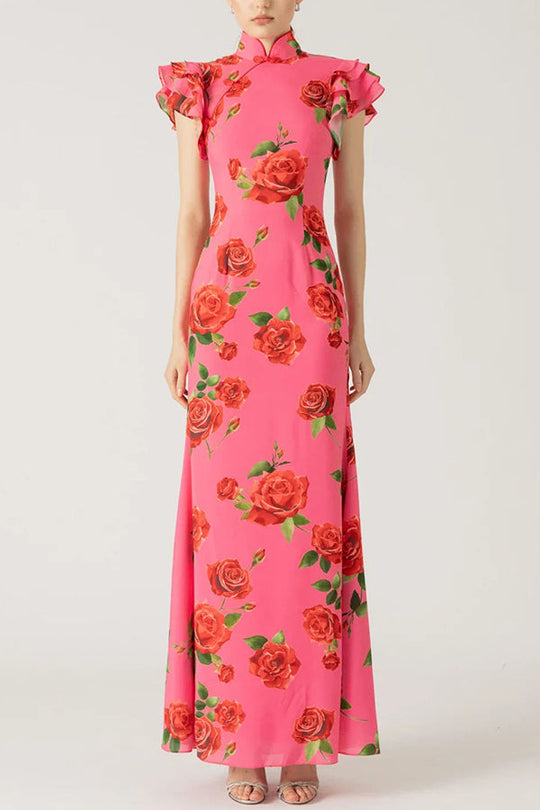 🎉Hot Sale 50% OFF🥳Cheongsam Style Rose Floral Print Tiered Flare Sleeve Stretch Maxi Dress