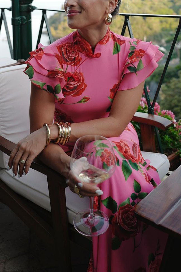 🎉Hot Sale 50% OFF🥳Cheongsam Style Rose Floral Print Tiered Flare Sleeve Stretch Maxi Dress