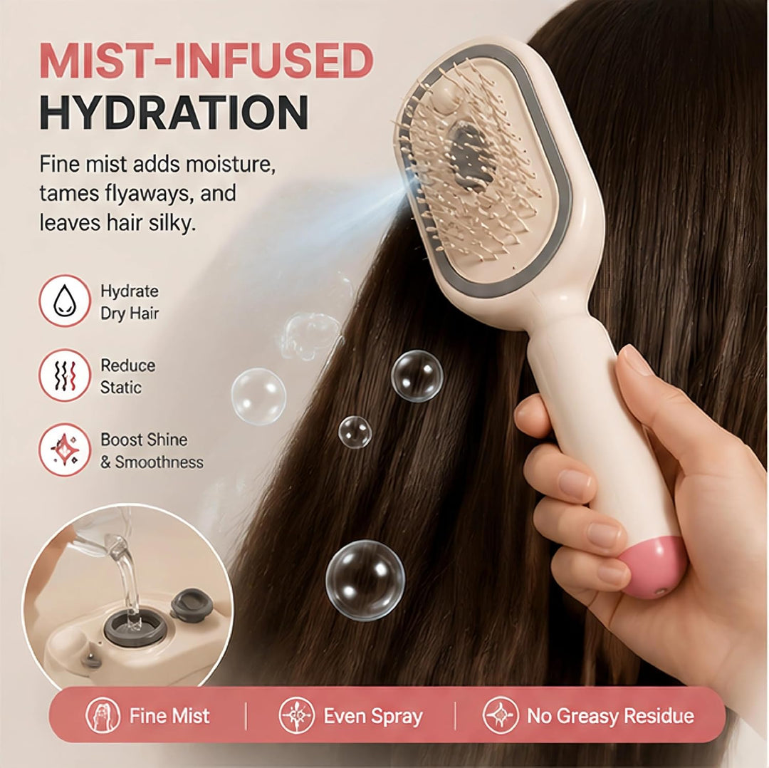 Electric Spray Air Cushion Massage Comb – Self-Cleaning Anti-Tangle Anti-Static Hair Brush | Scalp Massage & Volumizing Brush for Frizzy, Dry Hair Care (No Oil Included)