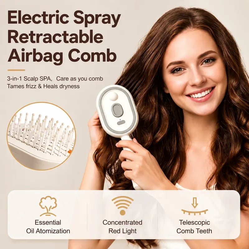Electric Spray Air Cushion Massage Comb – Self-Cleaning Anti-Tangle Anti-Static Hair Brush | Scalp Massage & Volumizing Brush for Frizzy, Dry Hair Care (No Oil Included)