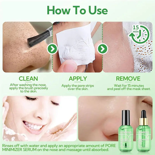 LANBENA Trakice za uklanjanje mitesera s okusom zelenog čaja, 100 listova & Serumska maska ​​za minimiziranje pora, za pore, nos i bradu & Lice
