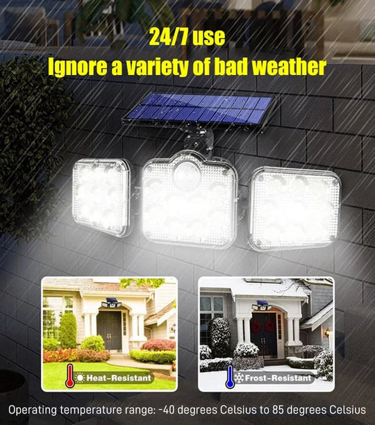 Solar Outdoor Lights 138LED Security Lights, 3 Heads Dimmable SpotLights with 3 Modes, IP65 Waterproof