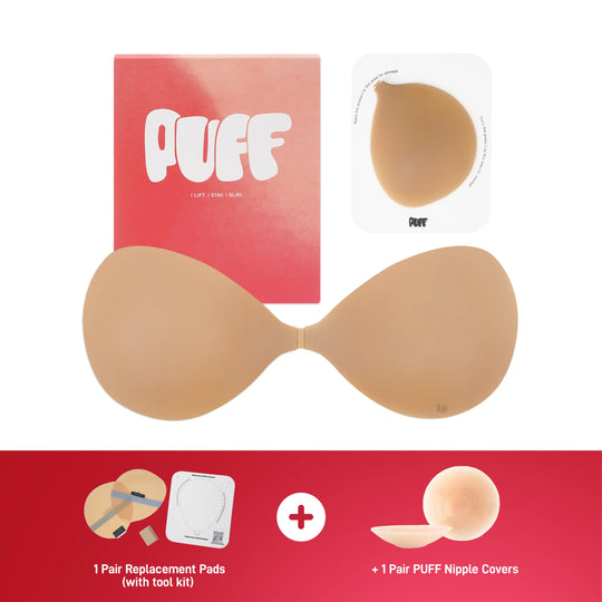 PUFF Sticky Bra – No.1 Push-up Sticky Bra, Waterproof & Sweat-proof Invisible Bra, Reusable Silicone Adhesive Bra for Women, Includes Storage Board & Replaceable Pads