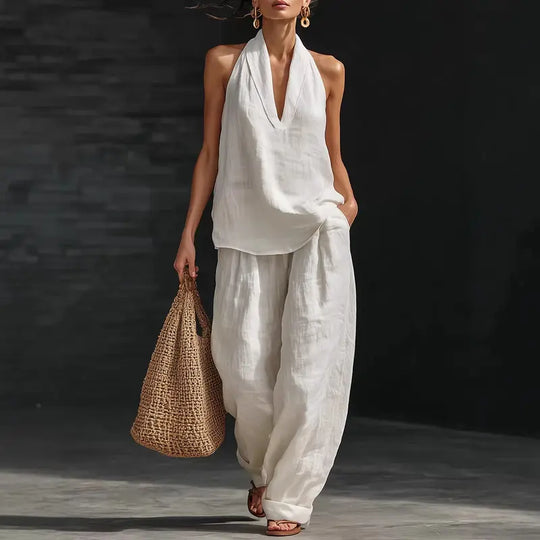 Boho linned i to dele - perfekt til strand, ferie & brunch! Halter hals ærmeløs top brede ben bukser sæt