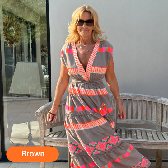 🔥Venta caliente 49% de descuento💕Vestido holgado sin mangas con estampado de rayas vintage y escote en V para mujer