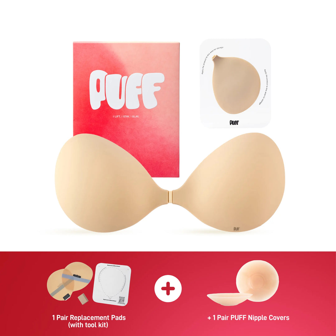 PUFF Sticky Bra – No.1 Push-up Sticky Bra, Waterproof & Sweat-proof Invisible Bra, Reusable Silicone Adhesive Bra for Women, Includes Storage Board & Replaceable Pads