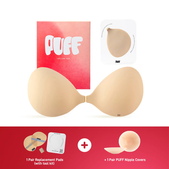 PUFF Sticky Bra – No.1 Push-up Sticky Bra, Waterproof & Sweat-proof Invisible Bra, Reusable Silicone Adhesive Bra for Women, Includes Storage Board & Replaceable Pads