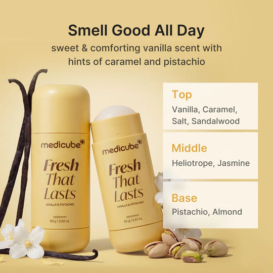 [NEW] [medicube] Deodorant Vanilla & Pistachio Fresh That Lasts | 24 Hour Odor Control, No Aluminum, Baking Soda, Parabens, Phthalates, Ethanol | Brightening & Smoothing for Dark Underarms with Koic Acid & Turmeric | Korean Skincare, K-Beauty