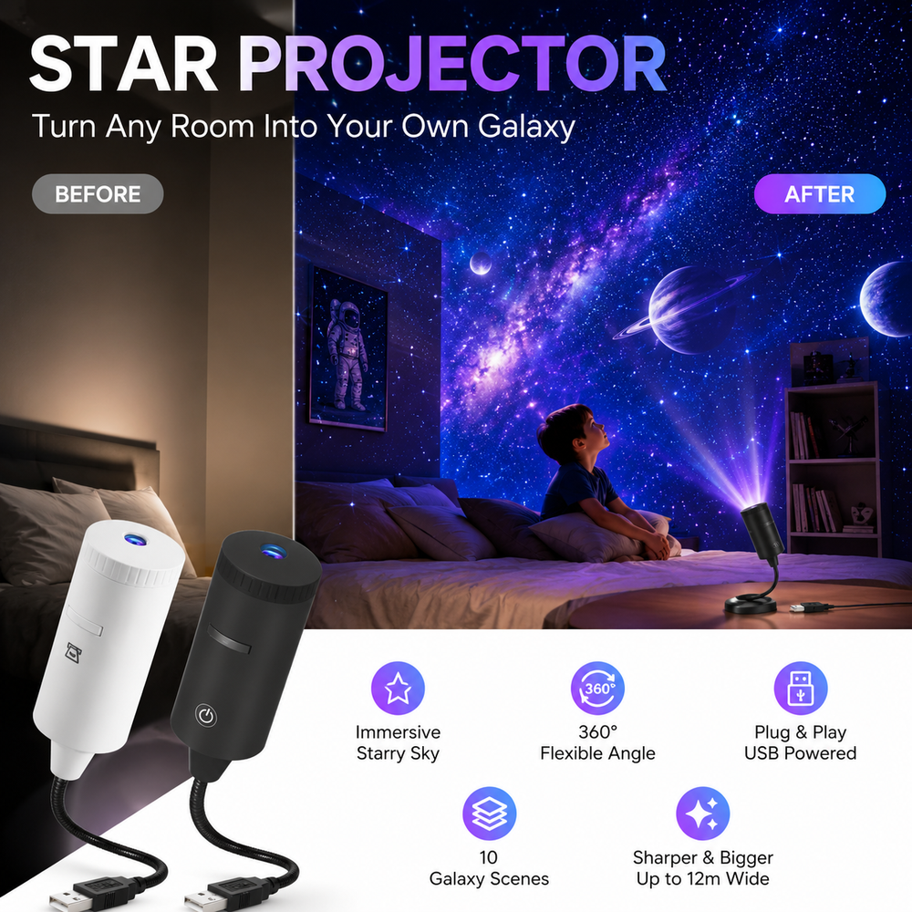 🌌🌙 USB Galaxy Moon Projector Night Light – Rotating Starry Sky, Soothing Sleep Ambience✨✅
