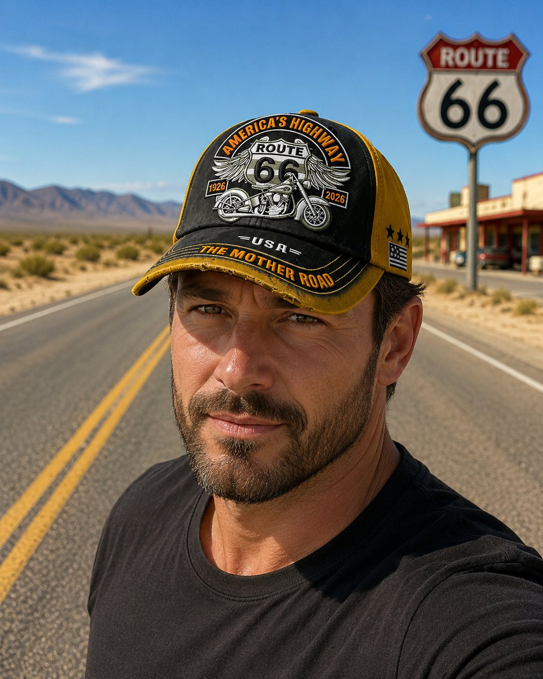 Retro US Route 66 100th Anniversary Art Printed Casual Baseball Cap - 100% Cotton
