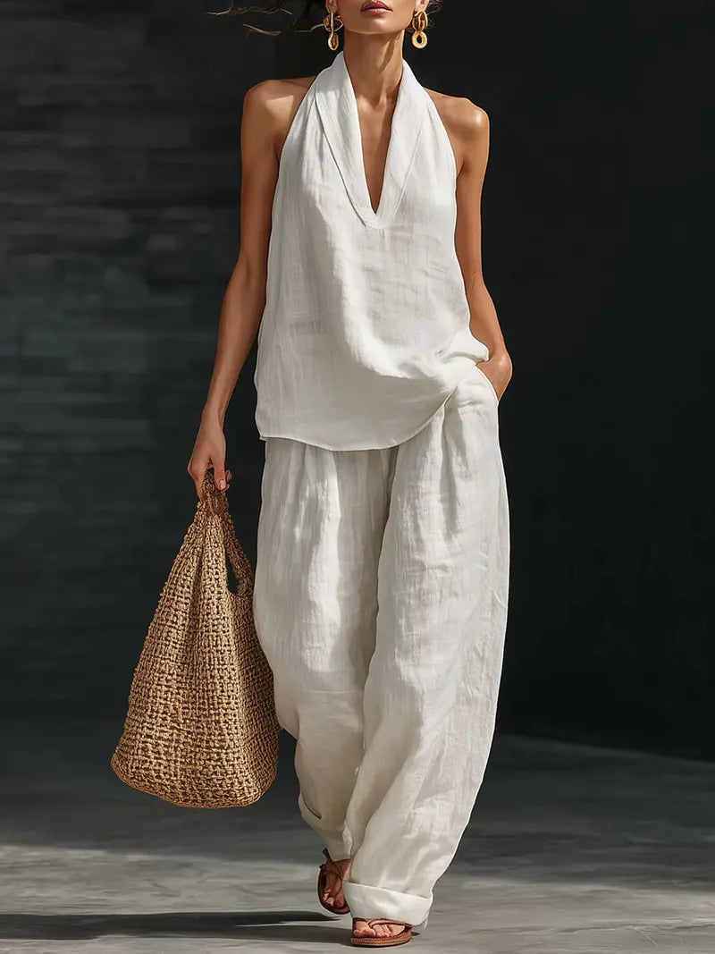 Boho linned i to dele - perfekt til strand, ferie & brunch! Halter hals ærmeløs top brede ben bukser sæt