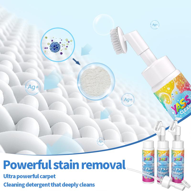 Yass Clean F'king Magic Fabric and Upholstery Foam Cleaner 3PACK 200ML Removes Stains With Carpet Cleaner Brush，Effectively Removes Stains And Odours Caused By Pets From Carpets And Upholstery