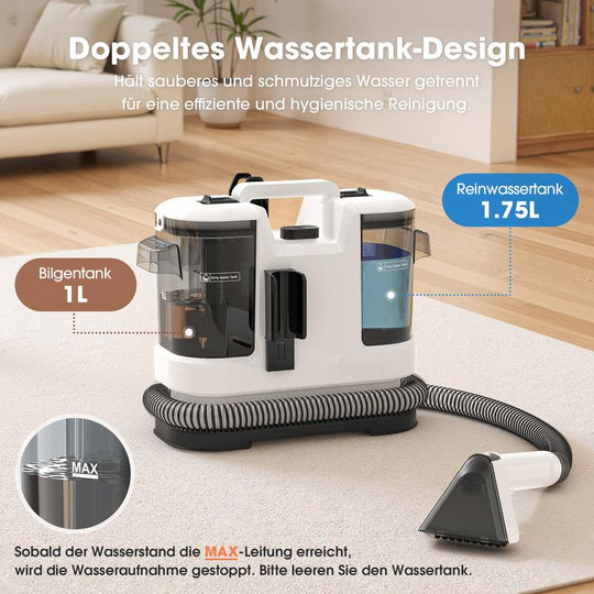 Stoffreinigungsgerät – Schwarz und Weiß, kann tiefgreifend Flecken auf Teppichen, Autositzen, Haustieren, Treppen, Sofas usw. entfernen, geeignet für Autos/Autopflege