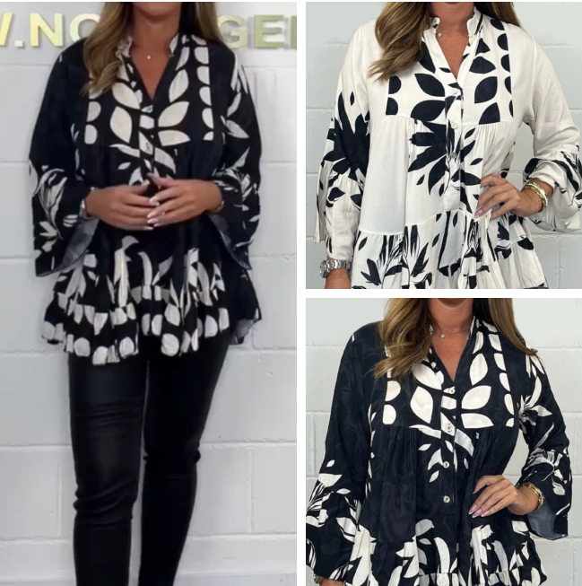 V-Neck Floral Flared Sleeve Ruffle Hem Top