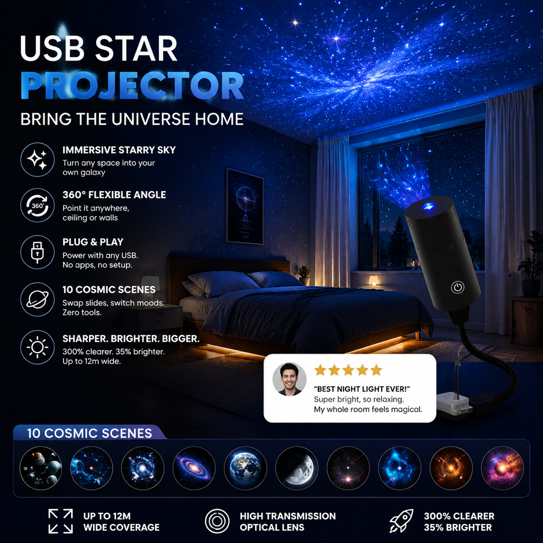 🌌🌙 USB Galaxy Moon Projector Night Light – Rotating Starry Sky, Soothing Sleep Ambience✨✅