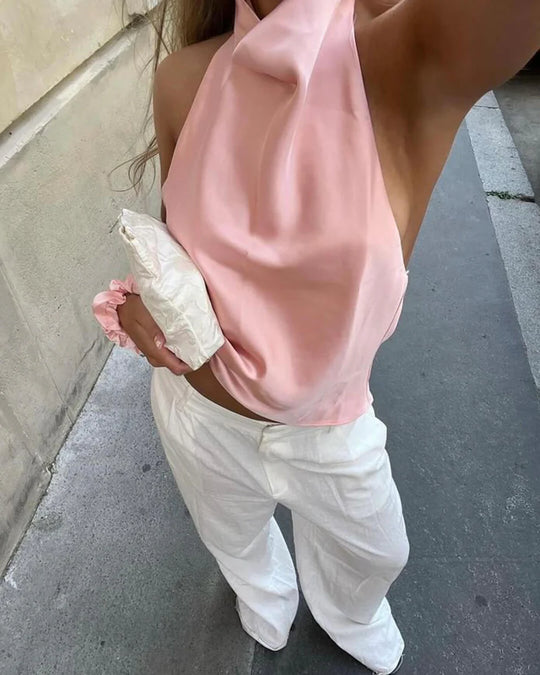 HXAO Satin Halter Rygløs korsettop Elegant sommertank til kvinder