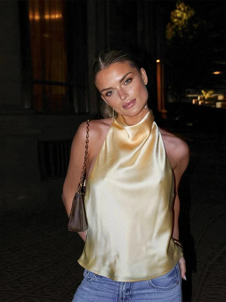 HXAO Satin Halter Rygløs korsettop Elegant sommertank til kvinder