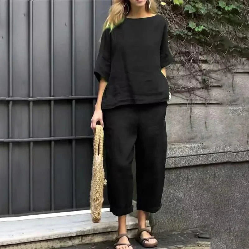 Loose Cotton Linen Shirt & High-Waisted Pants Set