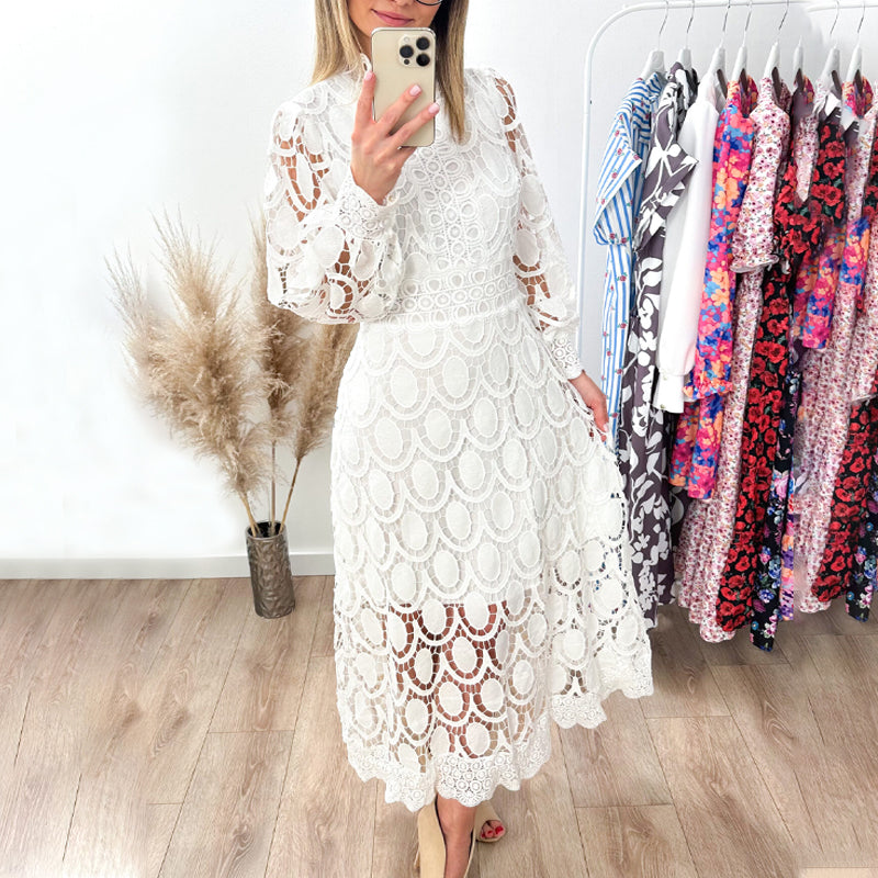 Romantic, Sensual and Elegant Crochet Lace Lantern Sleeve Party Midi Dress