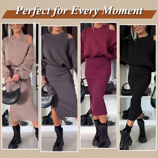 👗Women's Slanted Shoulder Sweatshirt & Sleeveless Dress Set