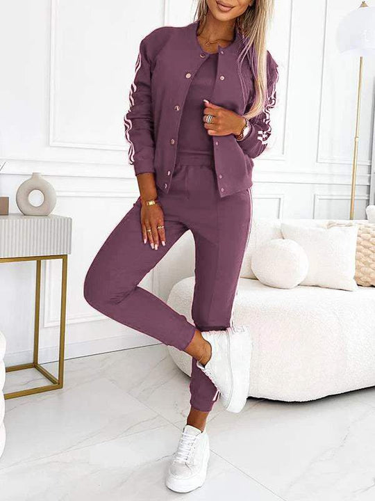 Women's baseball-style jacket, pants, and vest set