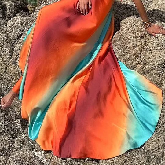 Neon Sunset Printed Metal Decoration Cutout Back Tie-up Vacation Maxi Dress