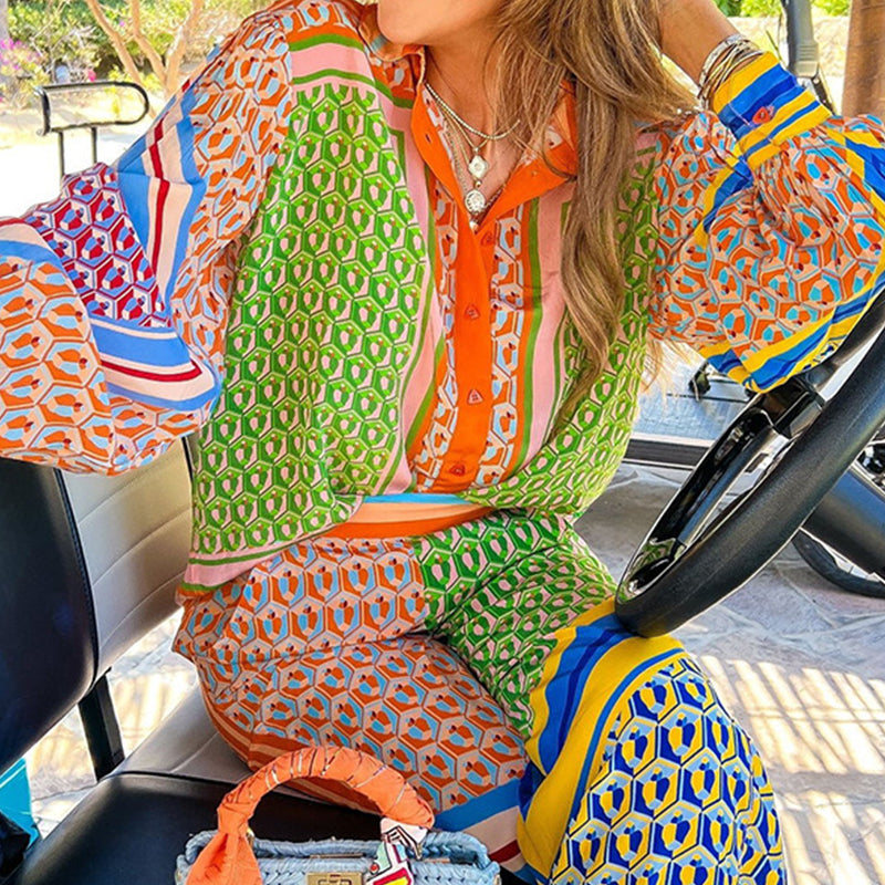 Brazil's Joyful Spirit Colorful Unique Print Balloon Sleeve Button Loose Shirt Set