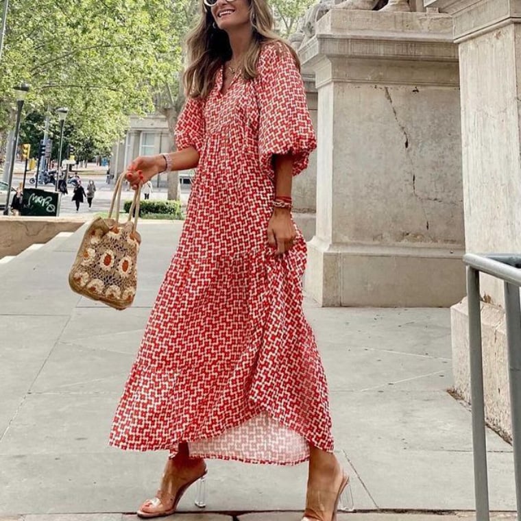 🌸Nagy árcsökkentés🌸Női elegáns puffos ujjú virágmintás bohém maxi ruha
