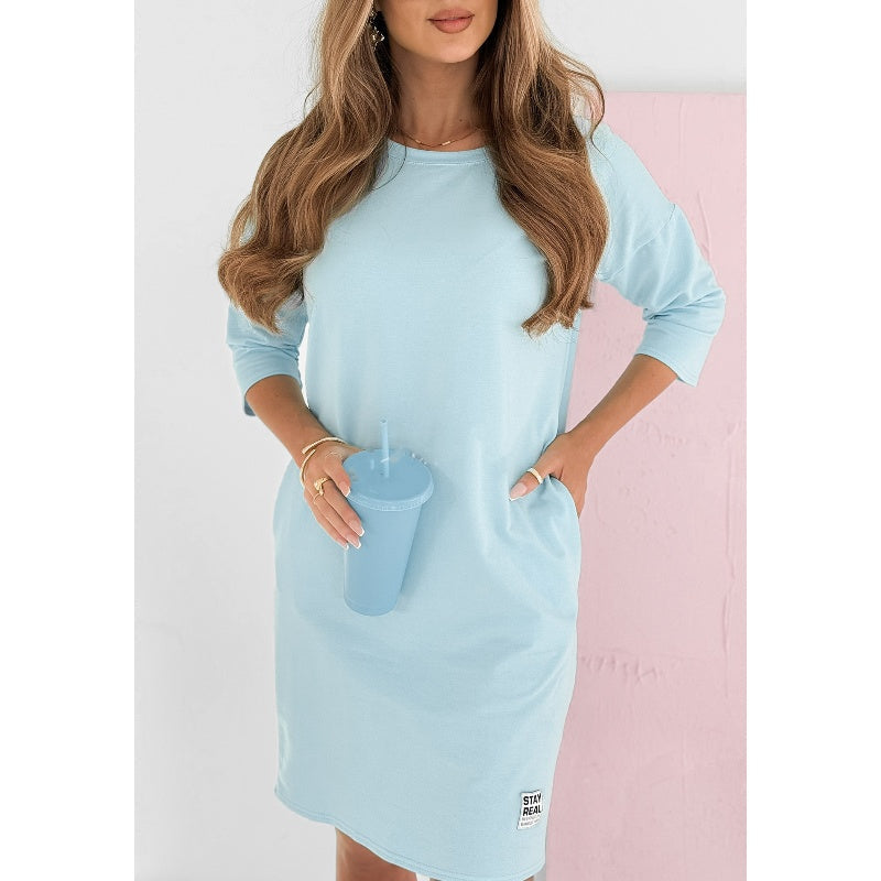 🌸Offres spéciales du printemps🌸 Robe à col rond et manches 3/4 avec poches
