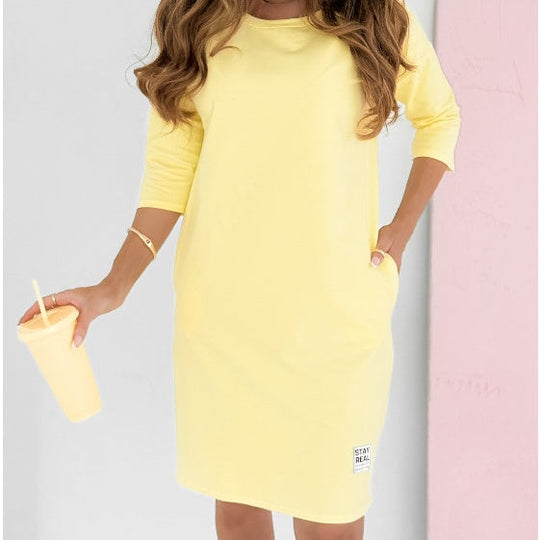 🌸Offres spéciales du printemps🌸 Robe à col rond et manches 3/4 avec poches