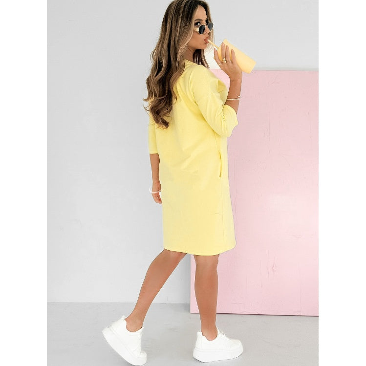 🌸Offres spéciales du printemps🌸 Robe à col rond et manches 3/4 avec poches