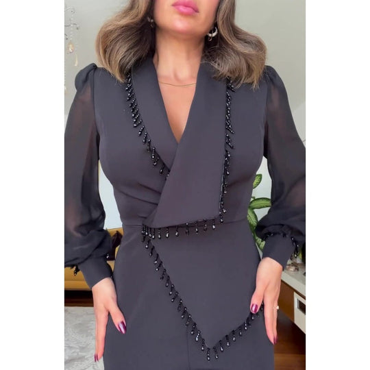 🌸Spring Specials🌸 Elegant Black Beaded Wide-Leg Jumpsuit for Every Occasion!