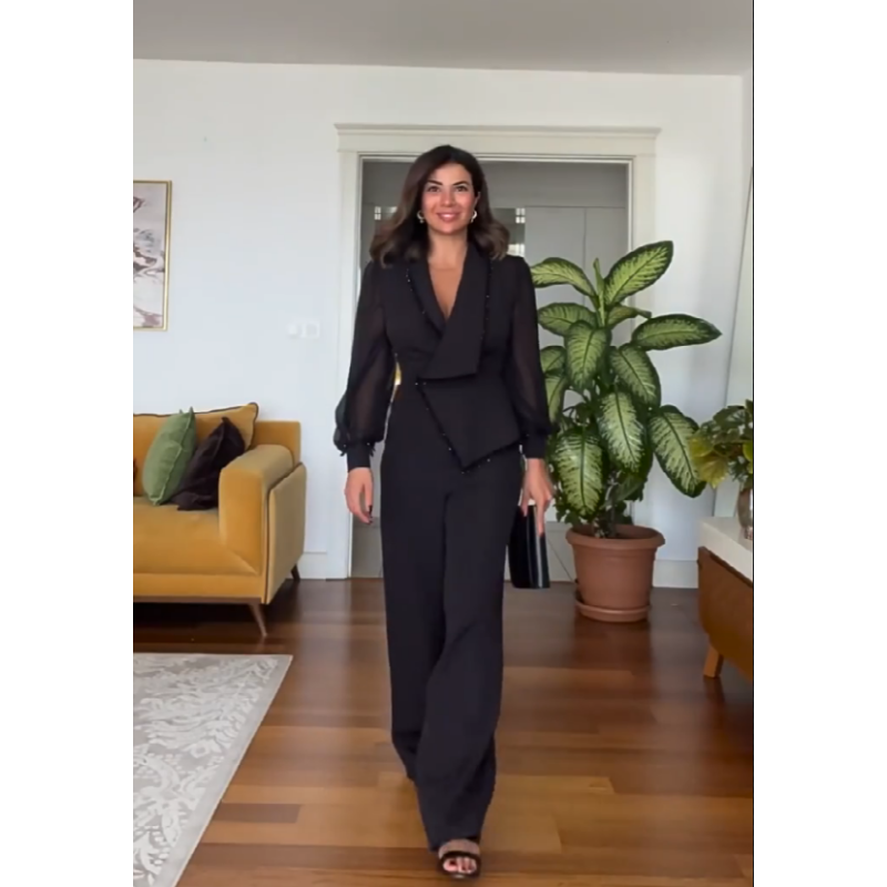 🌸Spring Specials🌸 Elegant Black Beaded Wide-Leg Jumpsuit for Every Occasion!