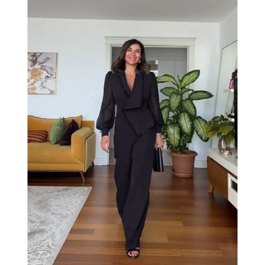 🌸Spring Specials🌸 Elegant Black Beaded Wide-Leg Jumpsuit for Every Occasion!
