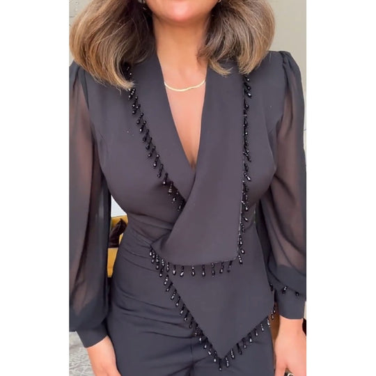 🌸Spring Specials🌸 Elegant Black Beaded Wide-Leg Jumpsuit for Every Occasion!