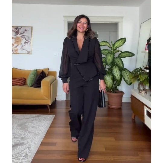 🌸Spring Specials🌸 Elegant Black Beaded Wide-Leg Jumpsuit for Every Occasion!
