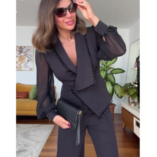 🌸Spring Specials🌸 Elegant Black Beaded Wide-Leg Jumpsuit for Every Occasion!