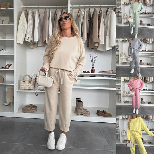 💕Limited Time 50% Off💕Solid Color Round Neck Top & Loose Pants 2-PCS Set