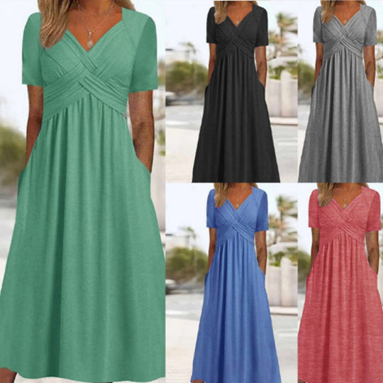 👗 Women’s V-Neck Short Sleeve Long Dress 🌸 Elegant Flowing Fit, Comfortable Fabric & Effortless Everyday Style