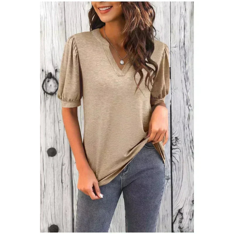 🔥Super-Sonderpreis – 50 % Rabatt👚Damen V-Ausschnitt Casual Puff Kurzarm Top Elegantes T-Shirt