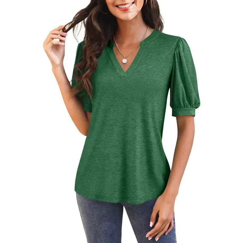 🔥Super-Sonderpreis – 50 % Rabatt👚Damen V-Ausschnitt Casual Puff Kurzarm Top Elegantes T-Shirt