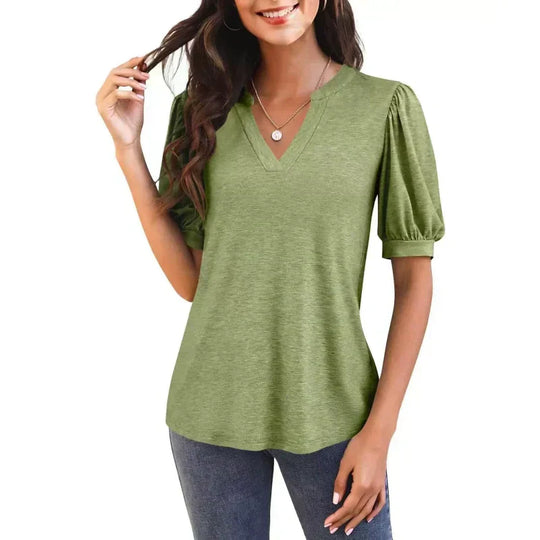 🔥Super-Sonderpreis – 50 % Rabatt👚Damen V-Ausschnitt Casual Puff Kurzarm Top Elegantes T-Shirt