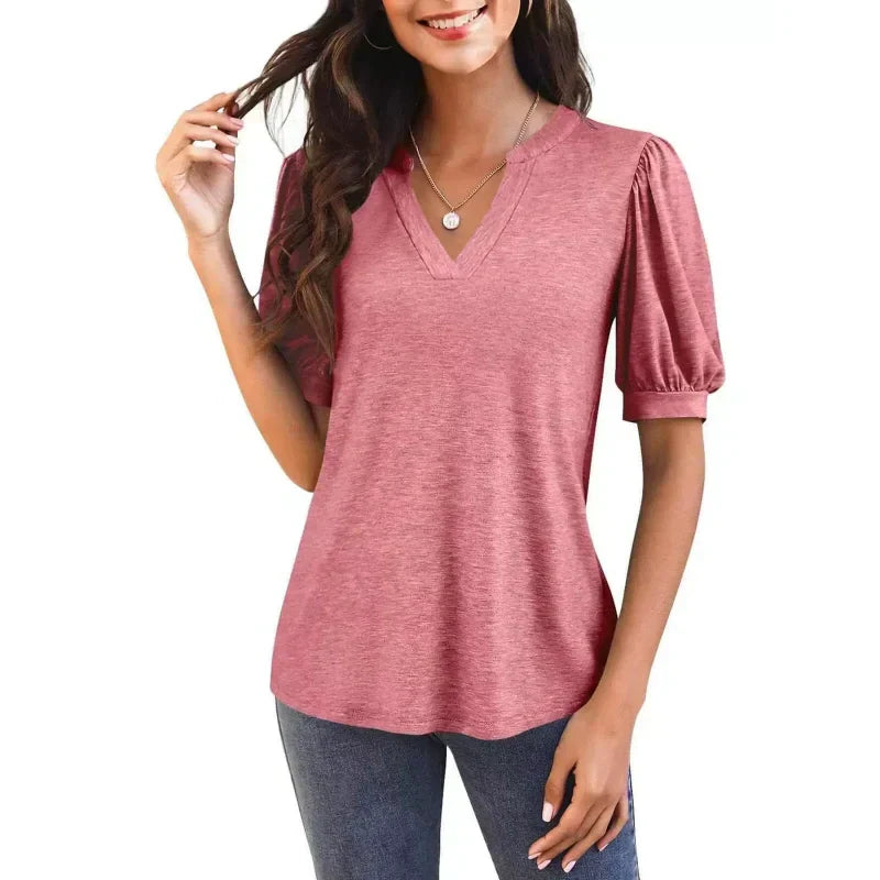 🔥Super-Sonderpreis – 50 % Rabatt👚Damen V-Ausschnitt Casual Puff Kurzarm Top Elegantes T-Shirt