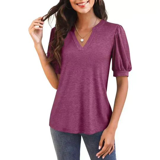 🔥Super-Sonderpreis – 50 % Rabatt👚Damen V-Ausschnitt Casual Puff Kurzarm Top Elegantes T-Shirt