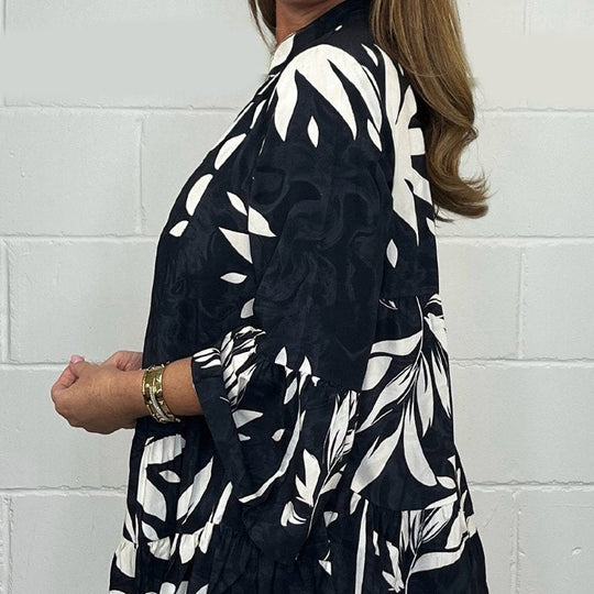 V-Neck Floral Flared Sleeve Ruffle Hem Top